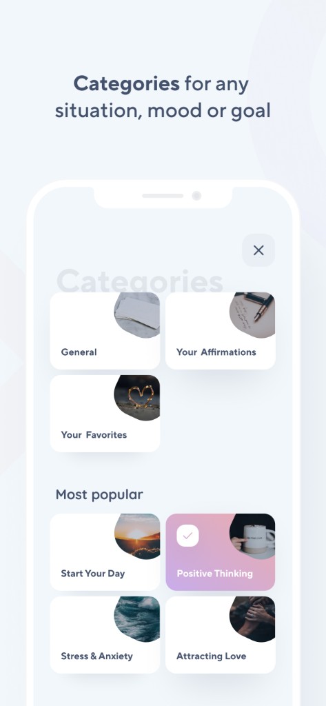 Oath app showing affirmation categories including Most Popular and Positive Thinking