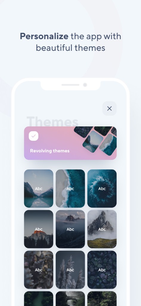 Oath themes screen with revolving themes and nature previews