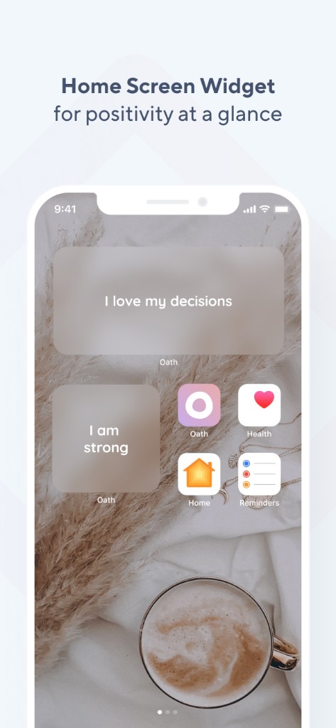Oath home screen widgets showing sample affirmations on an iPhone